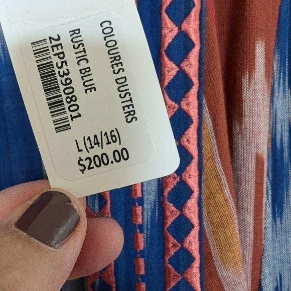 Soft Surroundings blue orange ikat embroidered duster kimono sz L NWT - Picture 7 of 9